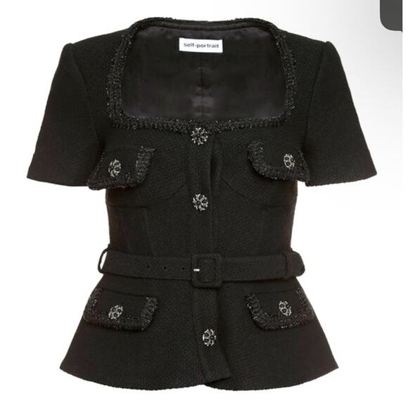 NEW! SELF-PORTRAIT Black Tweed Textured Belted peplum top - Picture 1 of 9